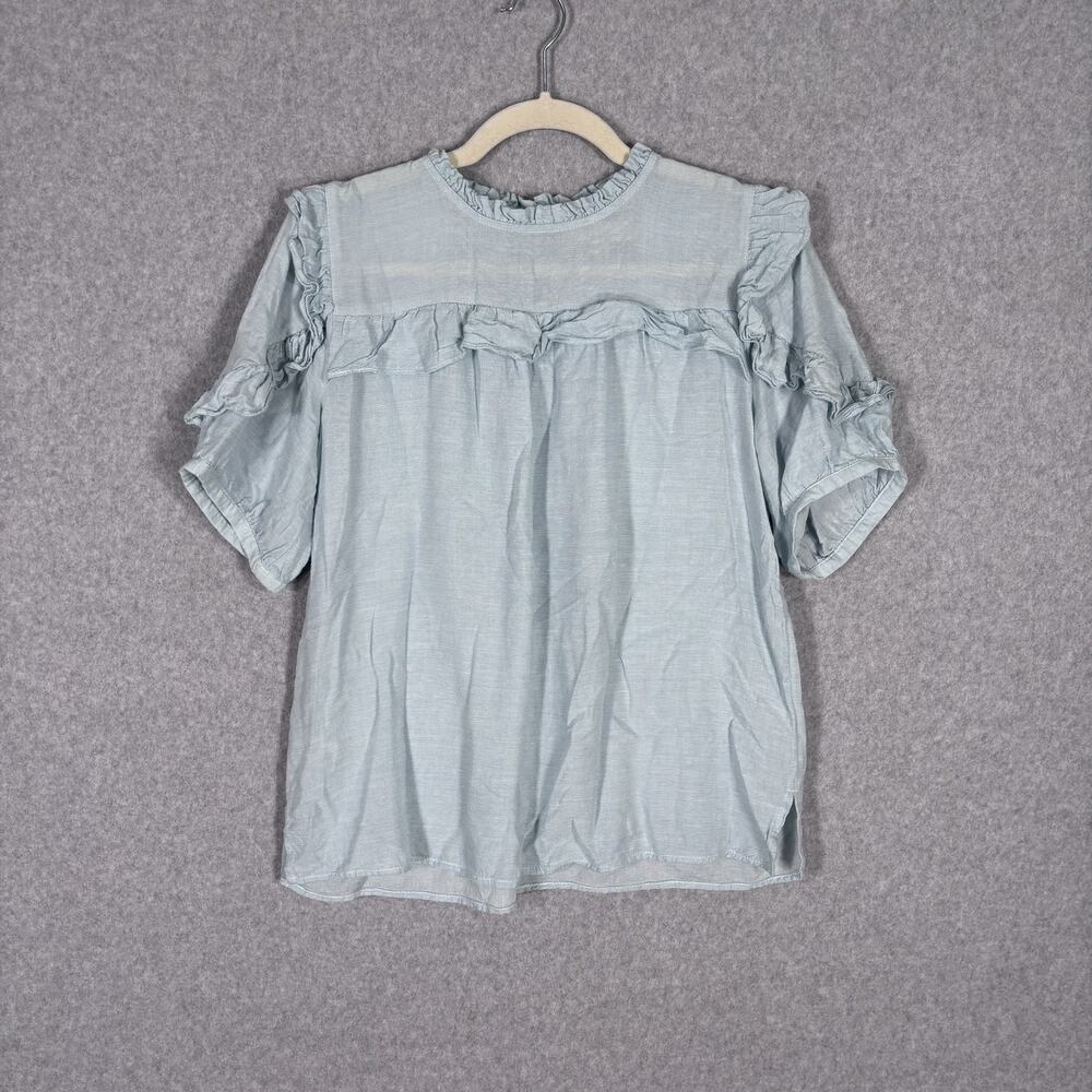 LOFT Ruffle Blouse Medium Baby Blue Linen Puff Feminine Cottage Coquette Dainty